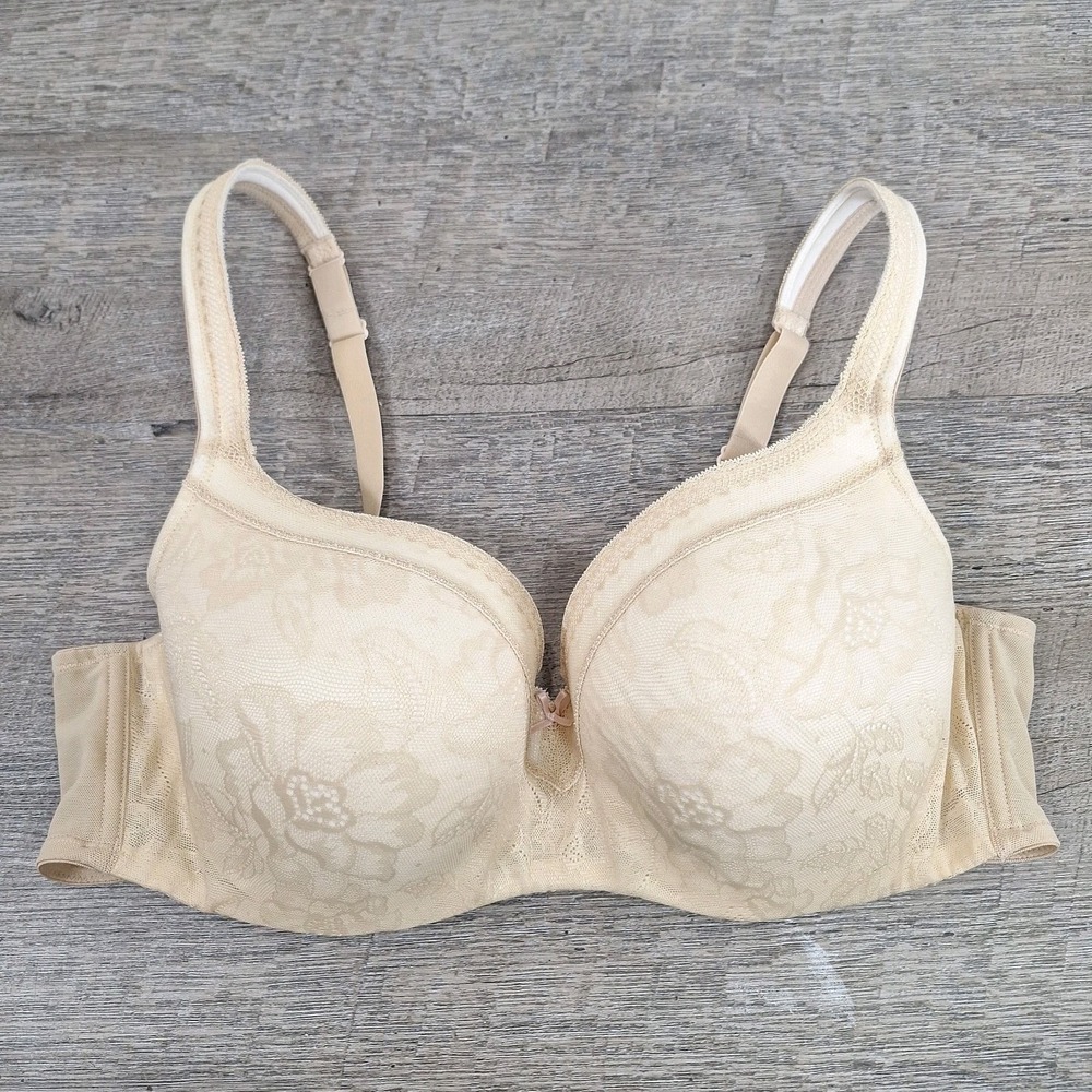 Cacique 42C Modern Lace Covered Lightly Lined Balconette Tan Lace Bra Underwire